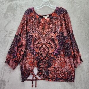 Farmers Market Tunic Womens Plus 3X Burgundy‎ Floral Keyhole Tie Front Studded